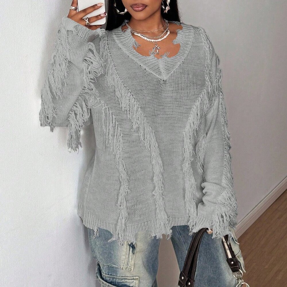 Light Grey Casual Women's Y2k Tattered Loose Long-Sleeve Plus Size Sweater